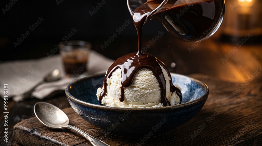 Fototapeta premium Chocolate Sauce Pouring Over Vanilla Ice Cream Dessert Closeup
