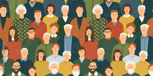 Diverse people crowd art seamless pattern. Multi-ethnic community, big cultural diversity group, family relative connection concept background illustration.