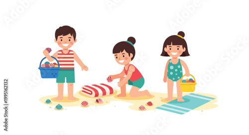 Three happy children are having fun on a sandy beach, collecting colorful seashells and putting them into their small plastic buckets.