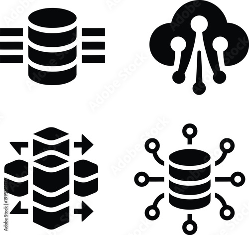 A sleek set of database and cloud technology icons designed with a bold, minimal style. The collection features stacked database symbols, cloud connectivity, data flow structures, and network-linked s