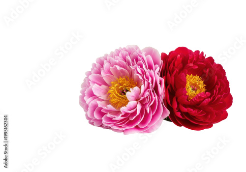 Macro shot of two fully bloomed peonies, one vibrant pink and one deep red, featuring ruffled velvety petals and yellow stamens, isolated against a transparent background creating copy space,