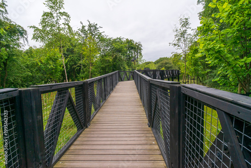 The Tur Viewing Platform at Cuningar Loop, Scotland, UK, is a landmark viewing platform and lookout tower providing elevated, treetop views across the woodland park, the River Clyde, the Hope statue. 
