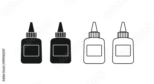 Four glue bottles depicted in varying black and white styles silhouette