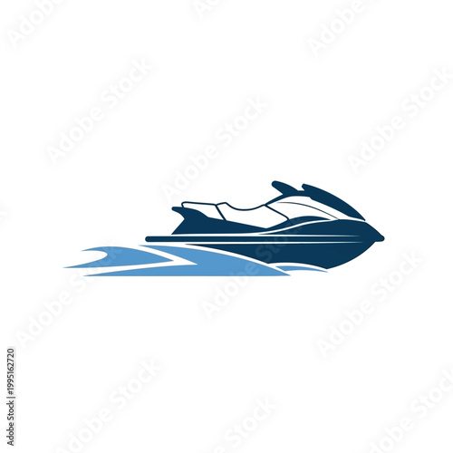 Vector illustration of a powerful jet ski speeding through the water, leaving a trail of blue waves behind it on a white background