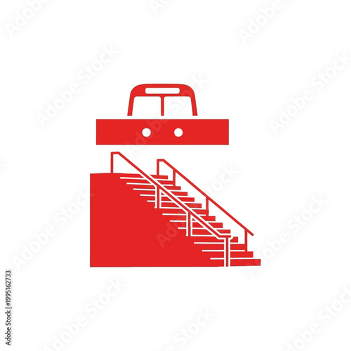 Minimalist vector icon depicting a train and staircase at a public transportation station, symbolizing urban travel, commuter movement, and accessible city infrastructure