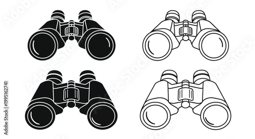 Four pairs of binoculars depicted in a striking black silhouette
