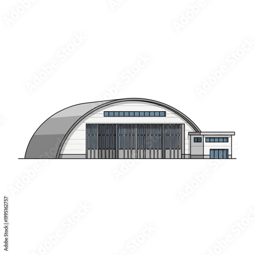 Minimalist vector illustration of a modern airport hangar, a large arched building designed for aircraft storage and maintenance with multiple entry bays