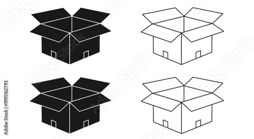 Two sets of open cardboard boxes in contrasting views silhouette