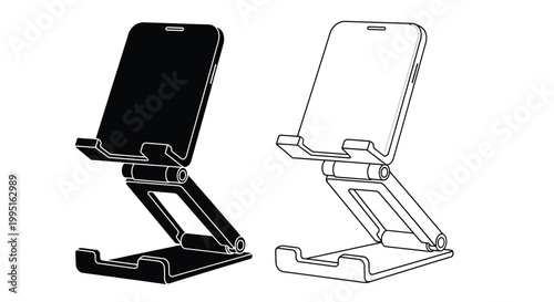 Two adjustable phone stands displayed in a striking black silhouette