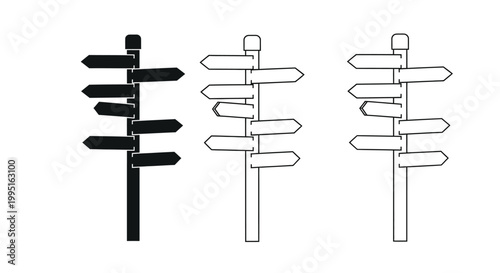 Three black and white signposts illustrating varying line weights silhouette