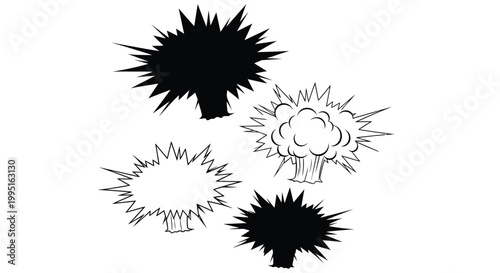 Explosions and bursts depicted in a stark graphic style silhouette