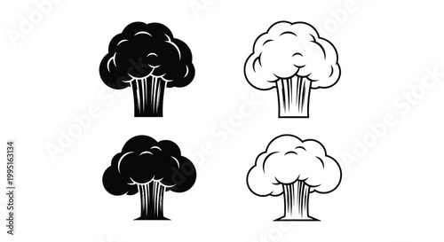 Four broccoli florets in contrasting black and white a bold silhouette