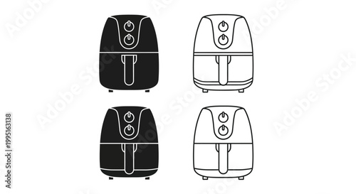 Four black air fryers depicted in a minimalist outline silhouette