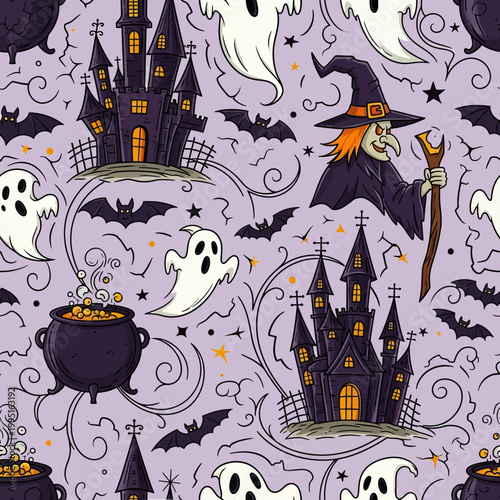 Seamless Halloween pattern with haunted castles witches ghosts and bats.
