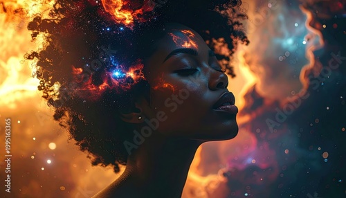 Woman with Afro surrounded by vibrant galaxy.