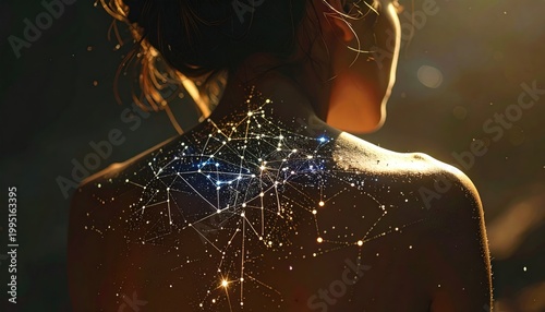 Woman with Digital Network on Back.