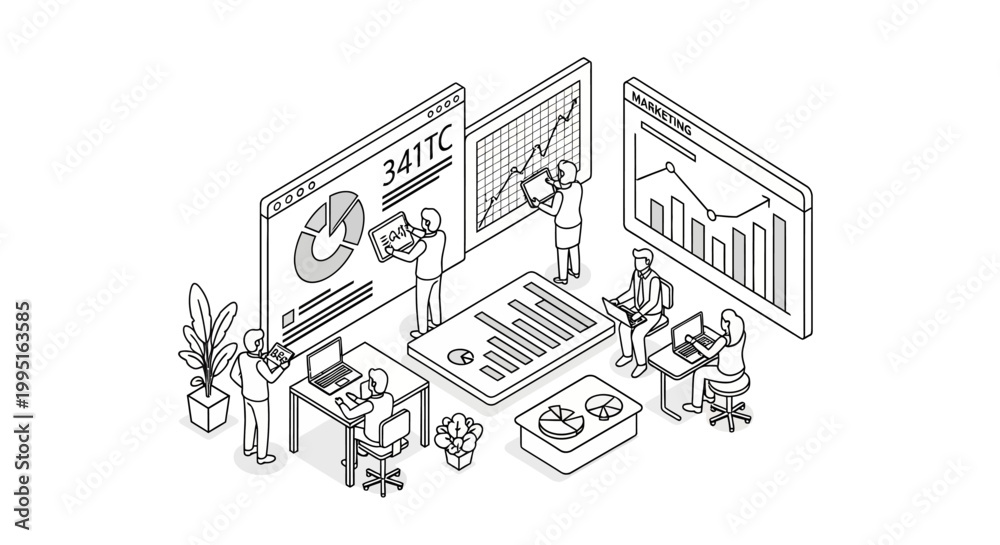 Obraz premium Isometric illustration of a team collaborating on data analysis and business strategy using charts and graphs on screens.