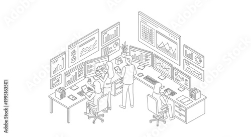Isometric illustration of a team of analysts working in a modern control room with multiple monitors displaying charts and data.
