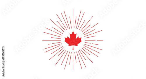 Red maple leaf with sunburst rays vector design for national pride