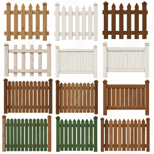 Fotografie Variety of Wooden Garden Fences Collection Isolated on White Background