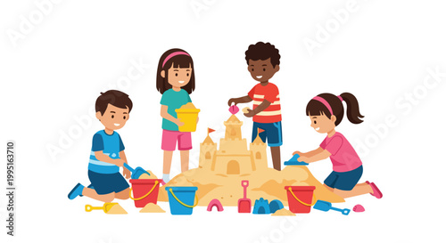 Four diverse children are joyfully collaborating to build an intricate sandcastle using various colorful buckets and shovels on a beach.