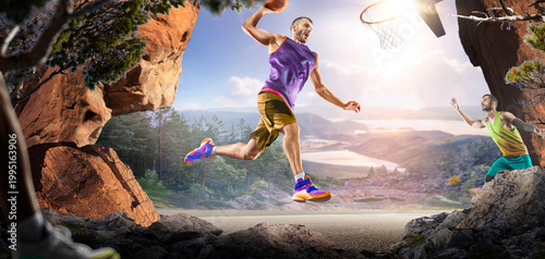 Basketball. Two basketball players practice on a basketball court in the wilderness. A beautiful landscape is in the background.