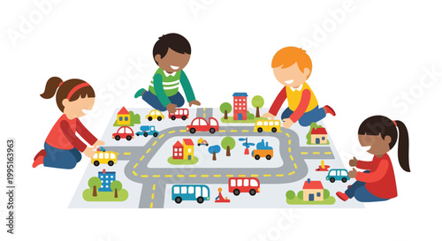 Four children of diverse backgrounds are sitting on the floor, happily playing with toy cars on a city-themed play mat.