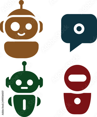 A playful and modern set of chatbot and communication icons designed with a friendly, minimal vector style. The collection features robot faces, chat bubbles, and interaction symbols, representing con