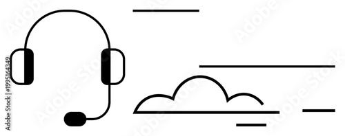 Cloud computing, customer service, remote work, telecommunications, digital support, modern technology. A headset with a cloud and abstract lines. Communication and customer service concept