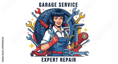 Auto Mechanic Woman with Tools, Tire, and Garage Service Sign