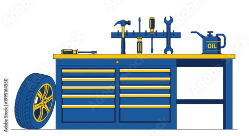 Automotive Workshop Tools and Car Tire on Workbench