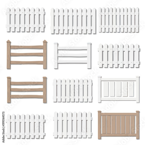 Collection of Wooden and White Picket Fences, Garden and Farm Barriers