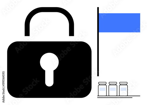 Data security, medical safety, privacy protection, vaccine storage, health regulation, digital protection. A padlock with a keyhole, vaccine vials and a blue flag. Data security and vaccine safety