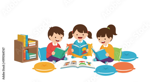 Three children sit happily on cushions, immersed in their favorite books within a cozy reading corner of a library or classroom setting.