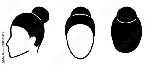 Bun hairstyle silhouette front profile back view, tied hair shape round knot structure simple outline for icon, avatar, logo, minimal beauty, fashion graphic