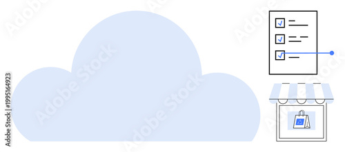 Cloud storage, e-commerce, digital management, productivity, data organization, online business. A cloud, checklist and storefront icon. Cloud storage and e-commerce concept