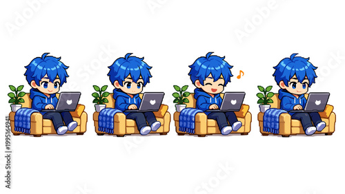 Pixel art animation of person working on laptop from couch