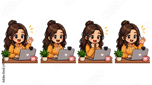 Pixel art chibi woman waving on video call animation frames
