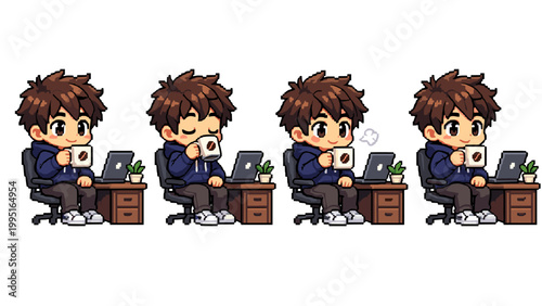 Pixel art boy drinking coffee at desk with laptop, 4 animation frames