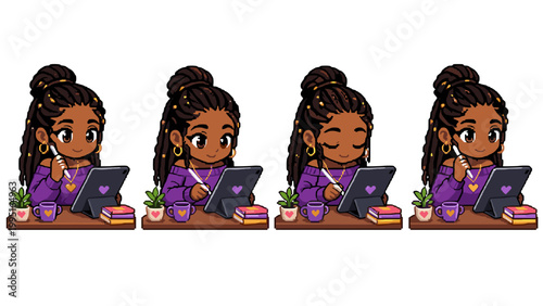 Pixel art chibi woman drawing on tablet with digital stylus