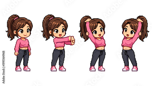 Pixel art animation frames of cute chibi girl stretching