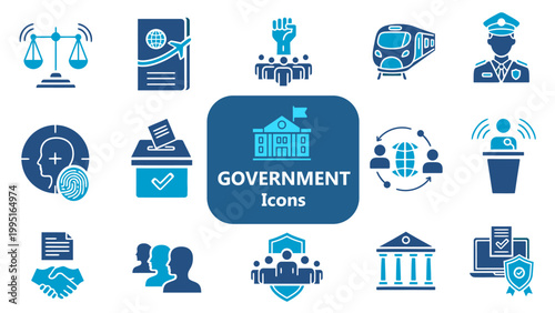Government solid editable icon set. Democracy, voting, election, legislation, diplomacy, authority, civil rights, civic, leadership and law symbols. Vector illustration