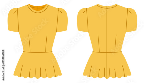 Yellow peplum top with puff sleeves, fitted bodice and flared hem with structured shaping and feminine silhouette. Technical fashion illustration in flat color, front and back views. Vector