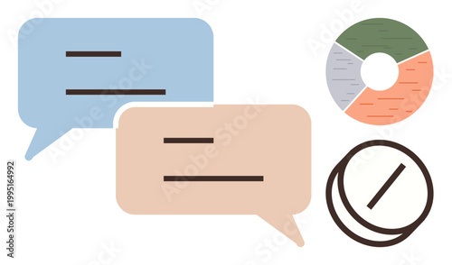 Communication, data analysis, teamwork, messaging, statistics, dialogue. Two speech bubbles and accompanying pie chart with circular statistics graphic. Communication and data analysis