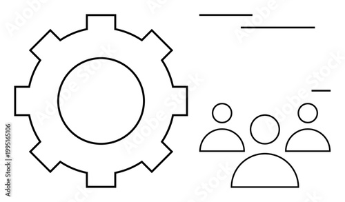 Teamwork, collaboration, workflow, process optimization, human interaction, productivity. Large gear accompanied by three person icons and lines. Teamwork and workflow management concepts