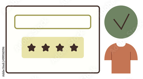 User experience, customer reviews, feedback ratings, online satisfaction, approval, quality control. A user figure beside a rating form with stars and a checkmark. User experience and customer