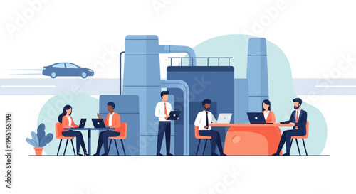 Industrial Management and Smart Factory Vector Illustration with Business Professionals Working in Modern Office Setting