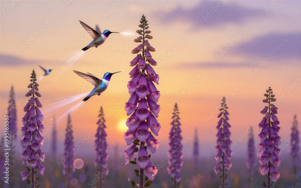 Fototapeta premium Hummingbirds dance among purple foxgloves at golden sunset.