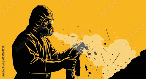 hazmat suit worker with a gas mask handling hazardous material possibly asbestos emphasizing worker safety and environmental risk.