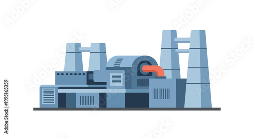 Flat Vector Illustration of a Modern Industrial Factory and Power Plant Building with Cooling Towers